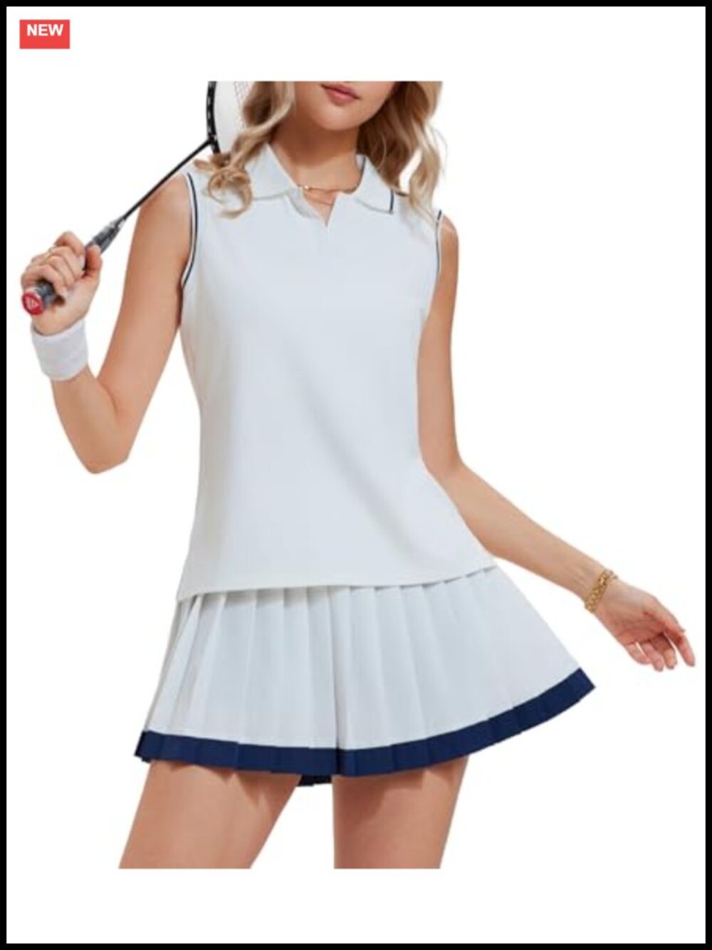 Women Golf Tennis Outfit Set Pleated Skirt Sleeveless Polo Top Athleisure